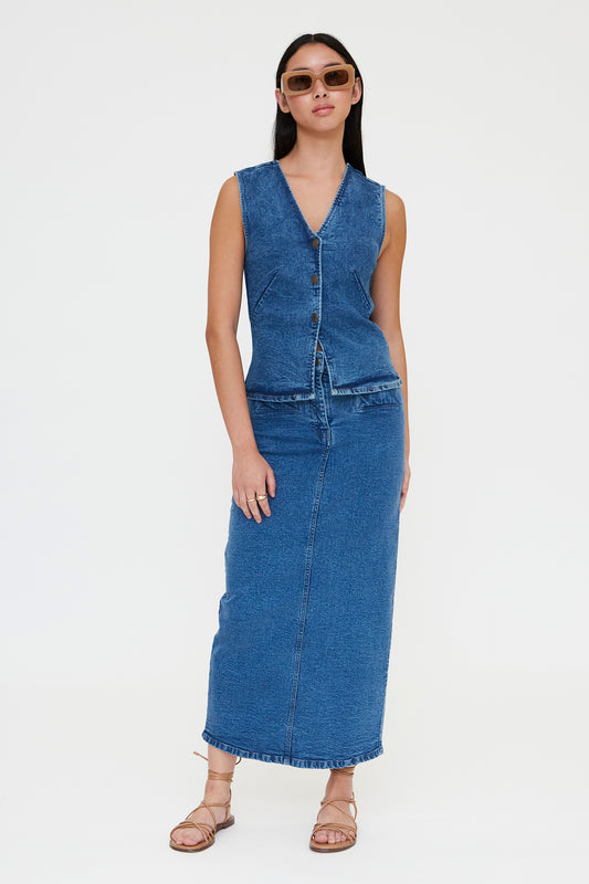 FALDA MIDI VAQUERA AZUL