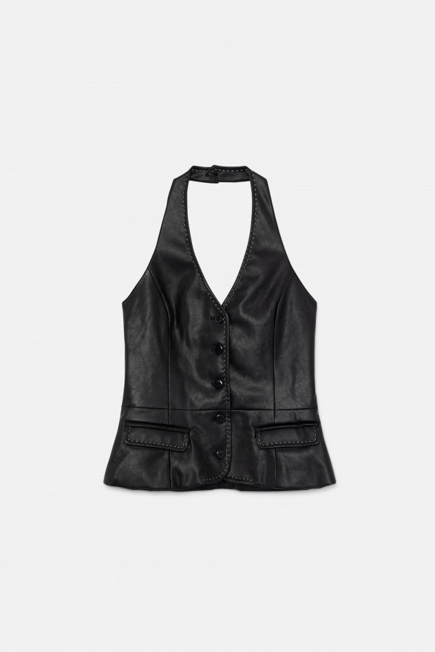 CHALECO HALTER DE PIEL SINTÉTICA NEGRO
