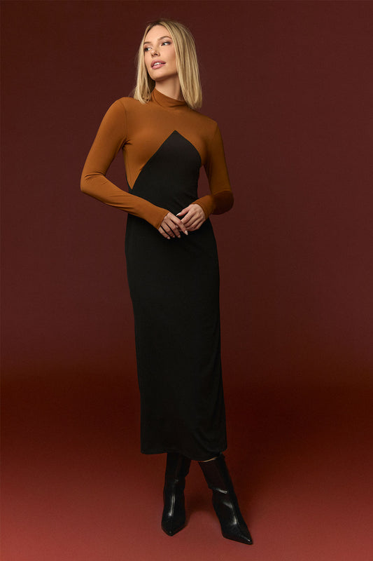 VESTIDO BICOLOR TEJA Y NEGRO