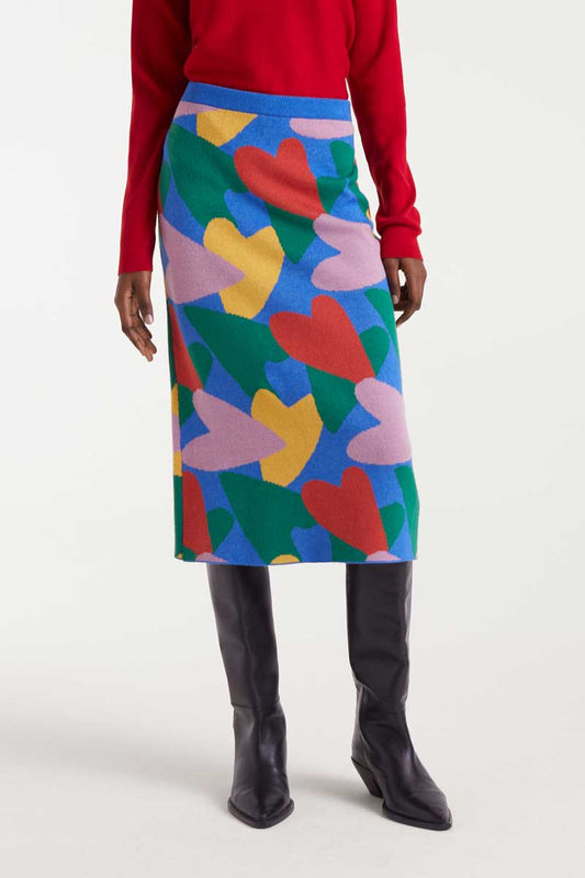 FALDA MIDI DE PUNTO ESTAMPADO CORAZONES