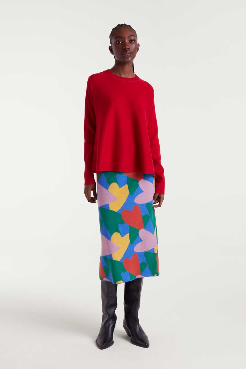FALDA MIDI DE PUNTO ESTAMPADO CORAZONES