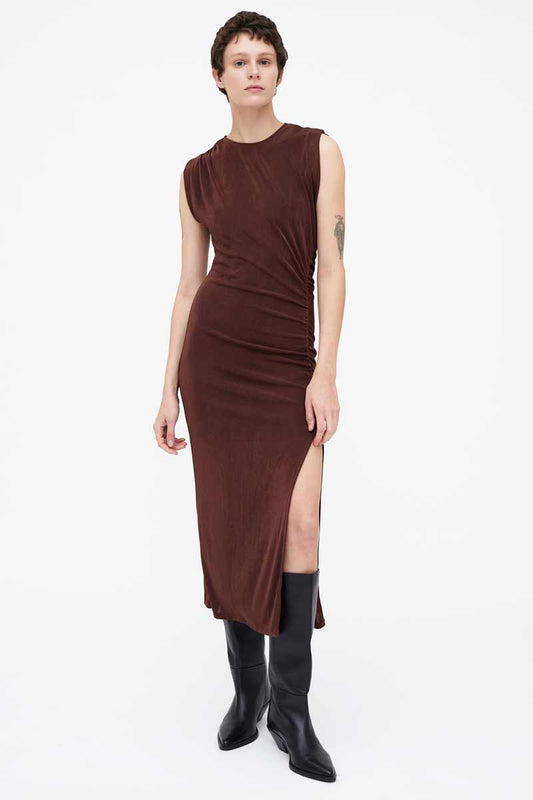 VESTIDO MIDI FRUNCIDO MARRON