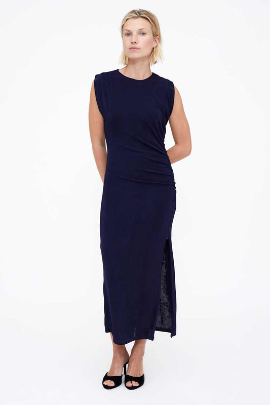 VESTIDO MIDI FRUNCIDO AZUL MARINO