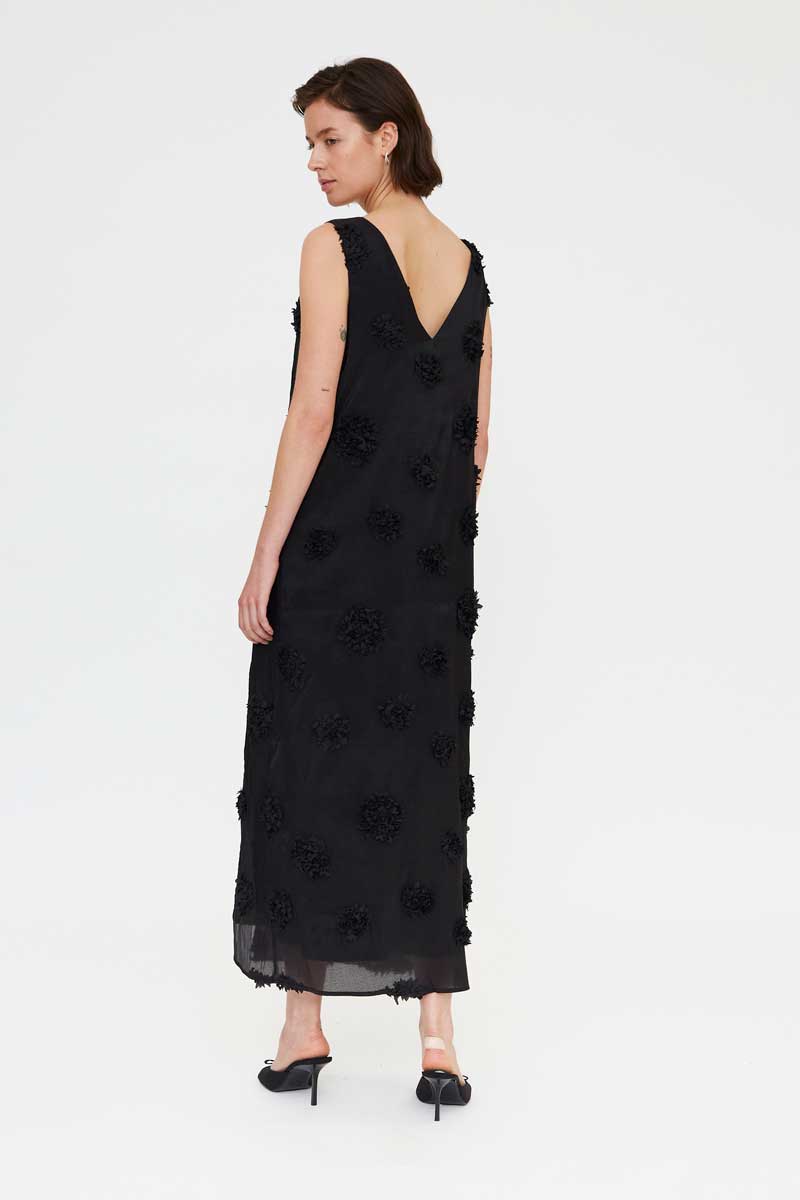 VESTIDO LARGO NEGRO FLORES RELIEVE