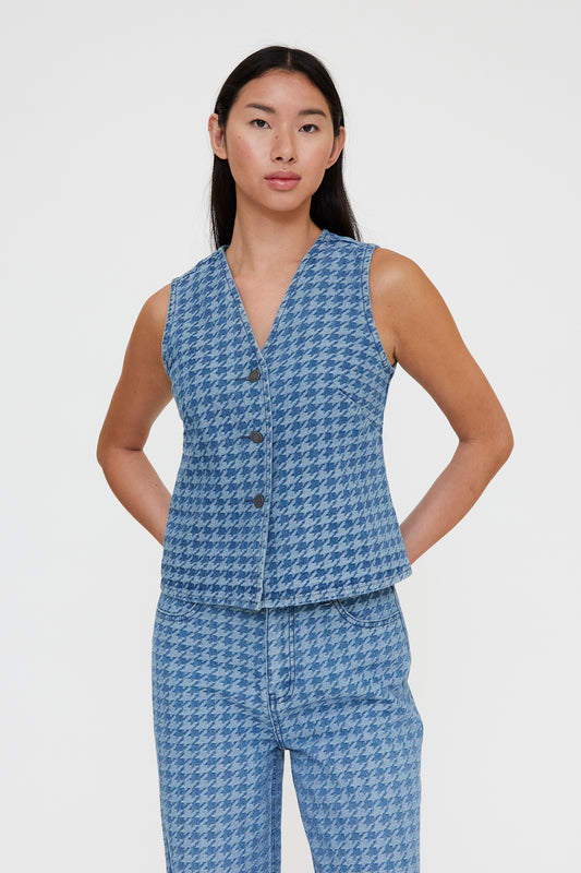 CHALECO ESTAMPADO PATA DE GALLO AZUL