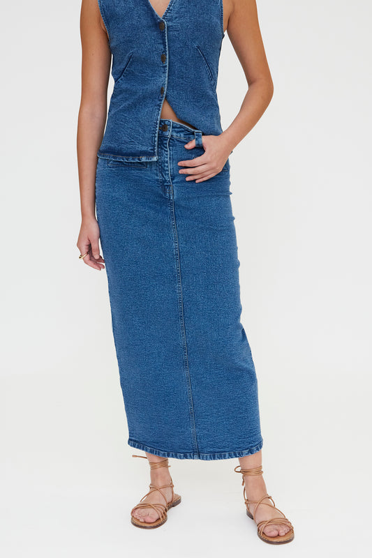 FALDA MIDI VAQUERA AZUL